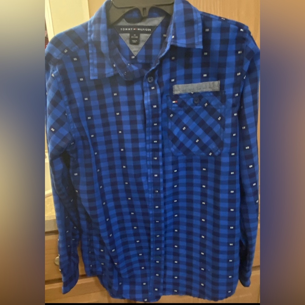 Boys Tommy Hilfiger M 12-14  Blue Plaid, Long Sleeve Button Down Shirt
